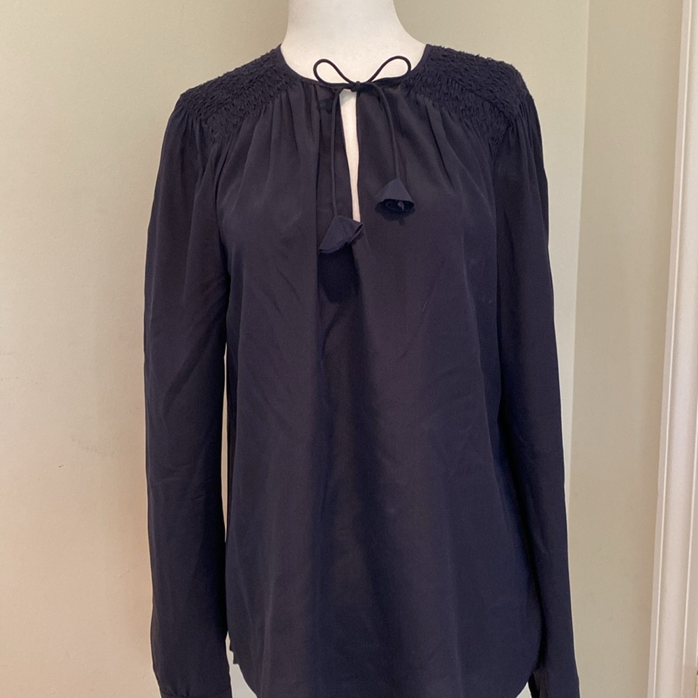 Rebecca Taylor navy silk ruched shoulders jewel neck string tie Sz 6